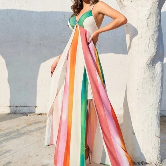 Striped Split Thigh Chiffon Maxi Dress - Picture 2 of 10